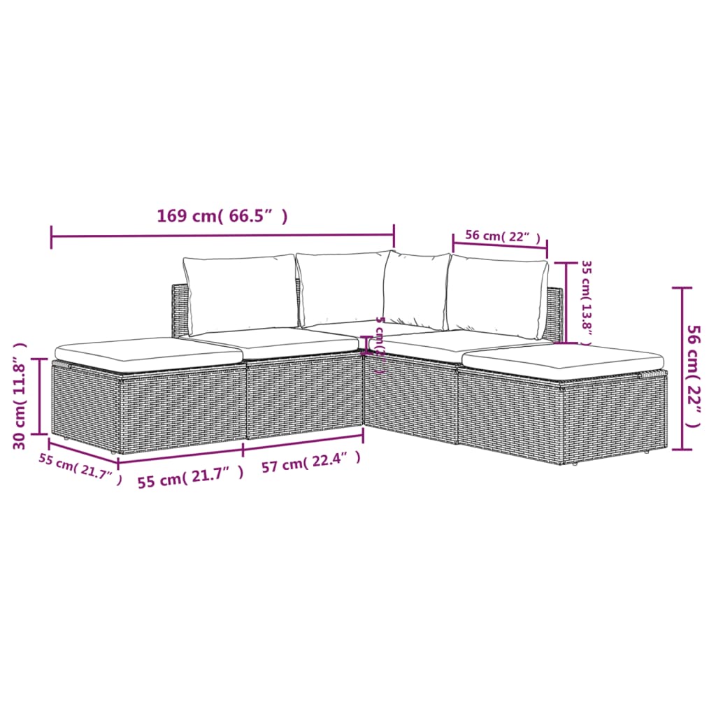 5-tlg. Garten-Lounge-Set mit Kissen Grau Poly Rattan