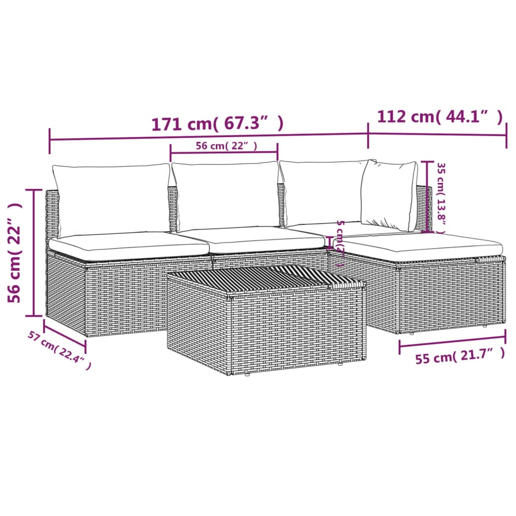5-tlg. Garten-Lounge-Set mit Kissen Grau Poly Rattan