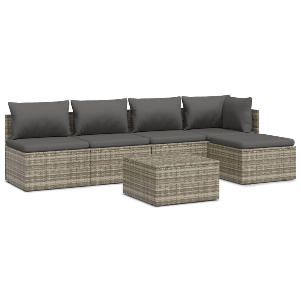 6-tlg. Garten-Lounge-Set mit Kissen Grau Poly Rattan