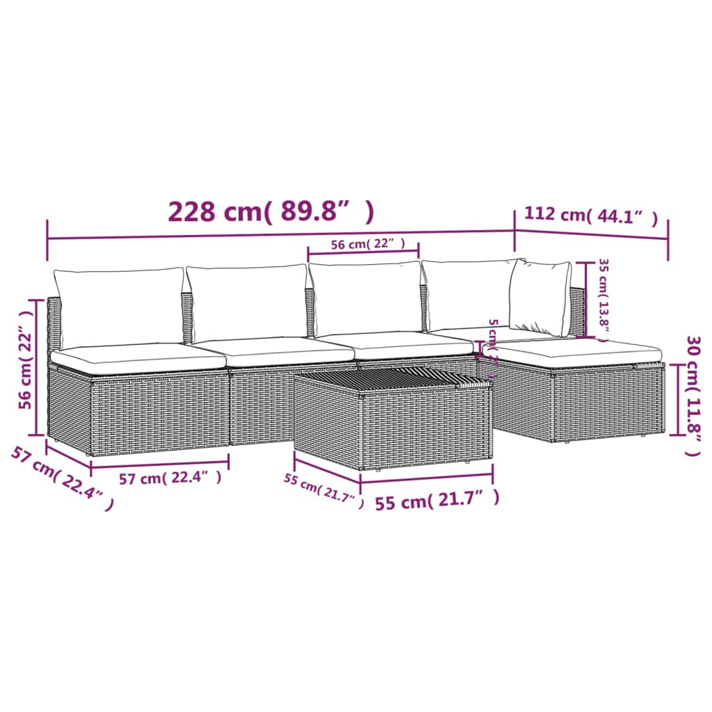 6-tlg. Garten-Lounge-Set mit Kissen Grau Poly Rattan