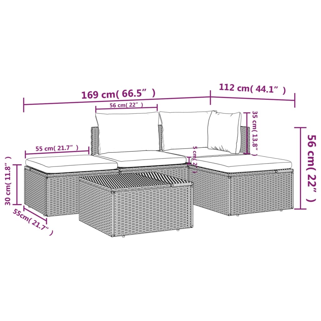 5-tlg. Garten-Lounge-Set mit Kissen Grau Poly Rattan