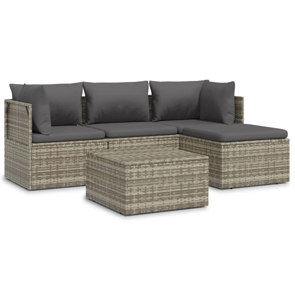 5-tlg. Garten-Lounge-Set mit Kissen Grau Poly Rattan