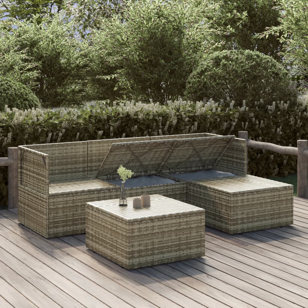 5-tlg. Garten-Lounge-Set mit Kissen Grau Poly Rattan