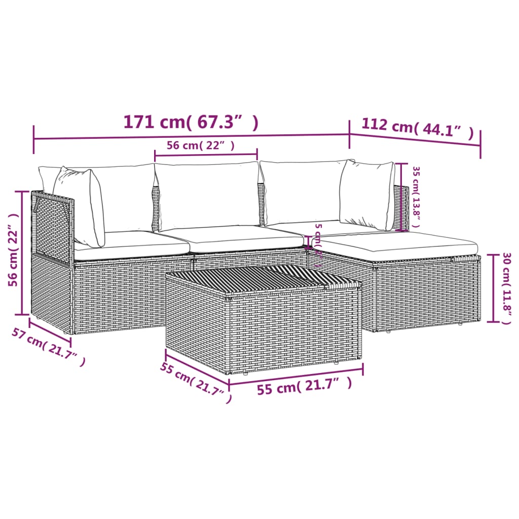 5-tlg. Garten-Lounge-Set mit Kissen Grau Poly Rattan