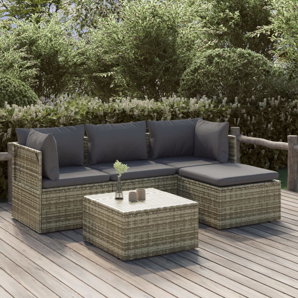 5-tlg. Garten-Lounge-Set mit Kissen Grau Poly Rattan