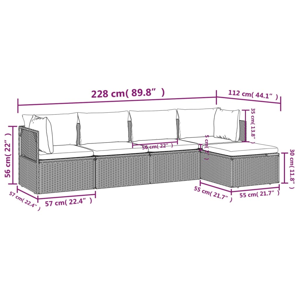 5-tlg. Garten-Lounge-Set mit Kissen Grau Poly Rattan