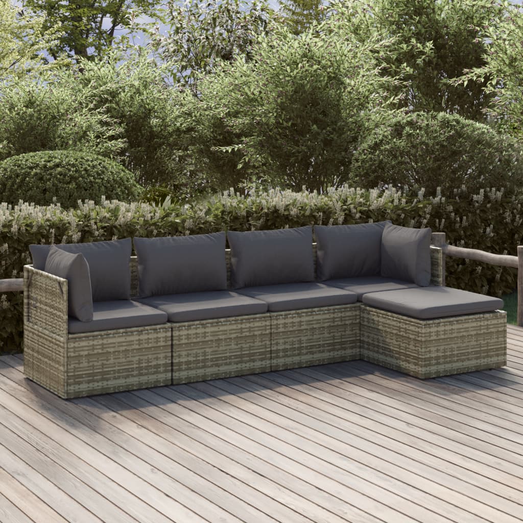 5-tlg. Garten-Lounge-Set mit Kissen Grau Poly Rattan