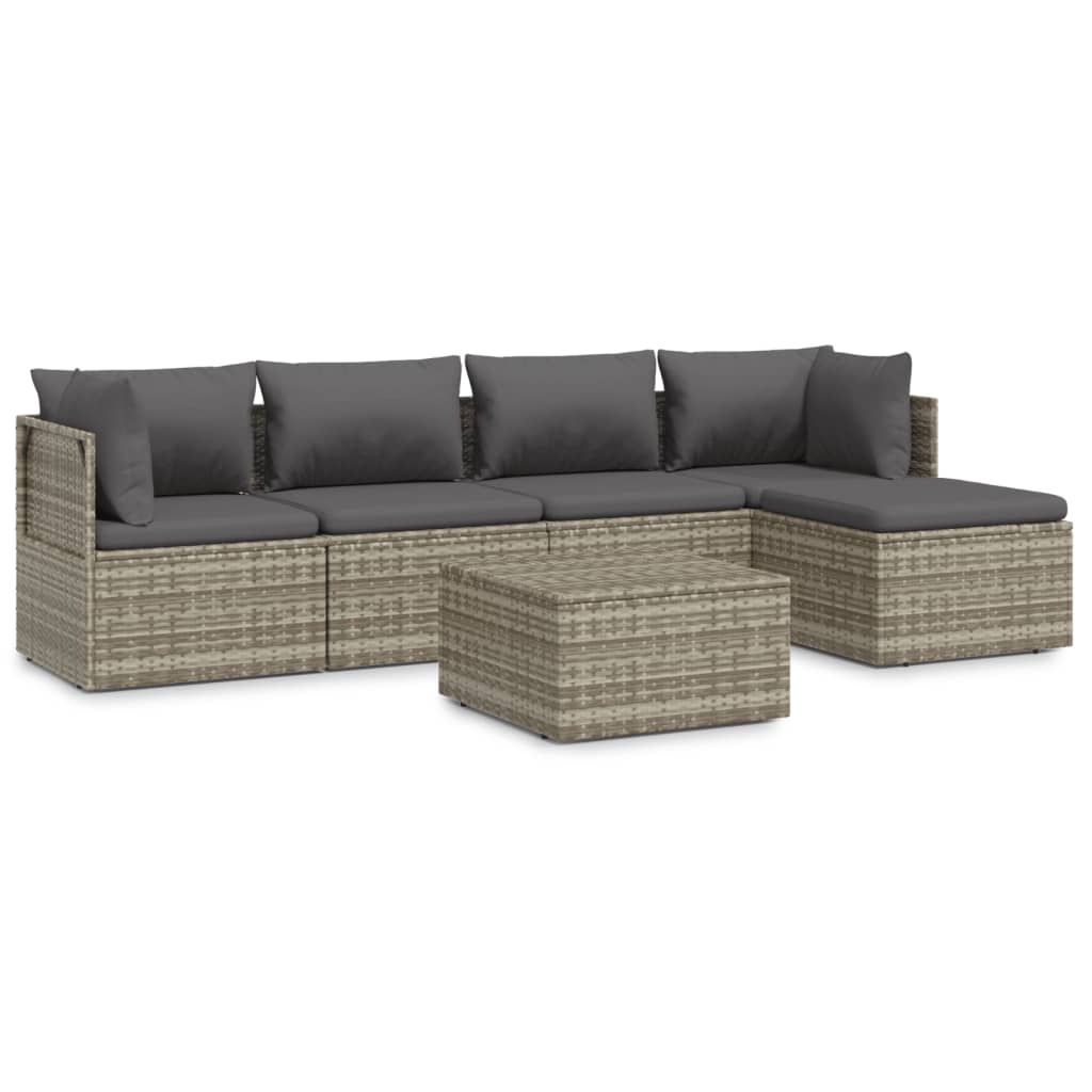 6-tlg. Garten-Lounge-Set mit Kissen Grau Poly Rattan