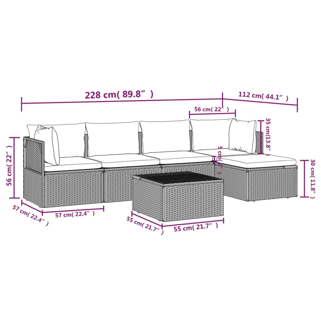 6-tlg. Garten-Lounge-Set mit Kissen Grau Poly Rattan
