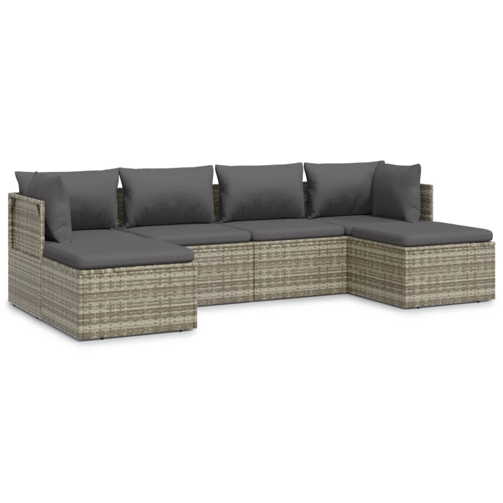 6-tlg. Garten-Lounge-Set mit Kissen Grau Poly Rattan