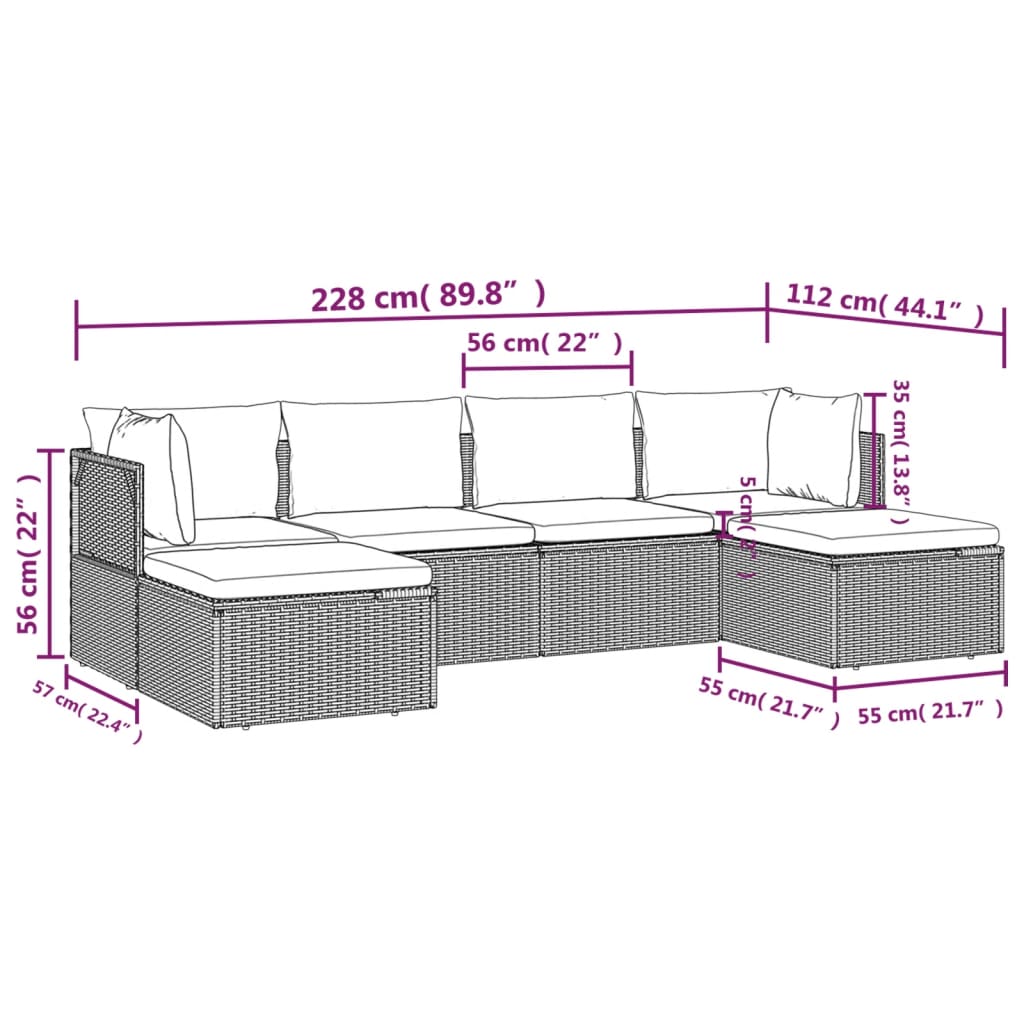 6-tlg. Garten-Lounge-Set mit Kissen Grau Poly Rattan