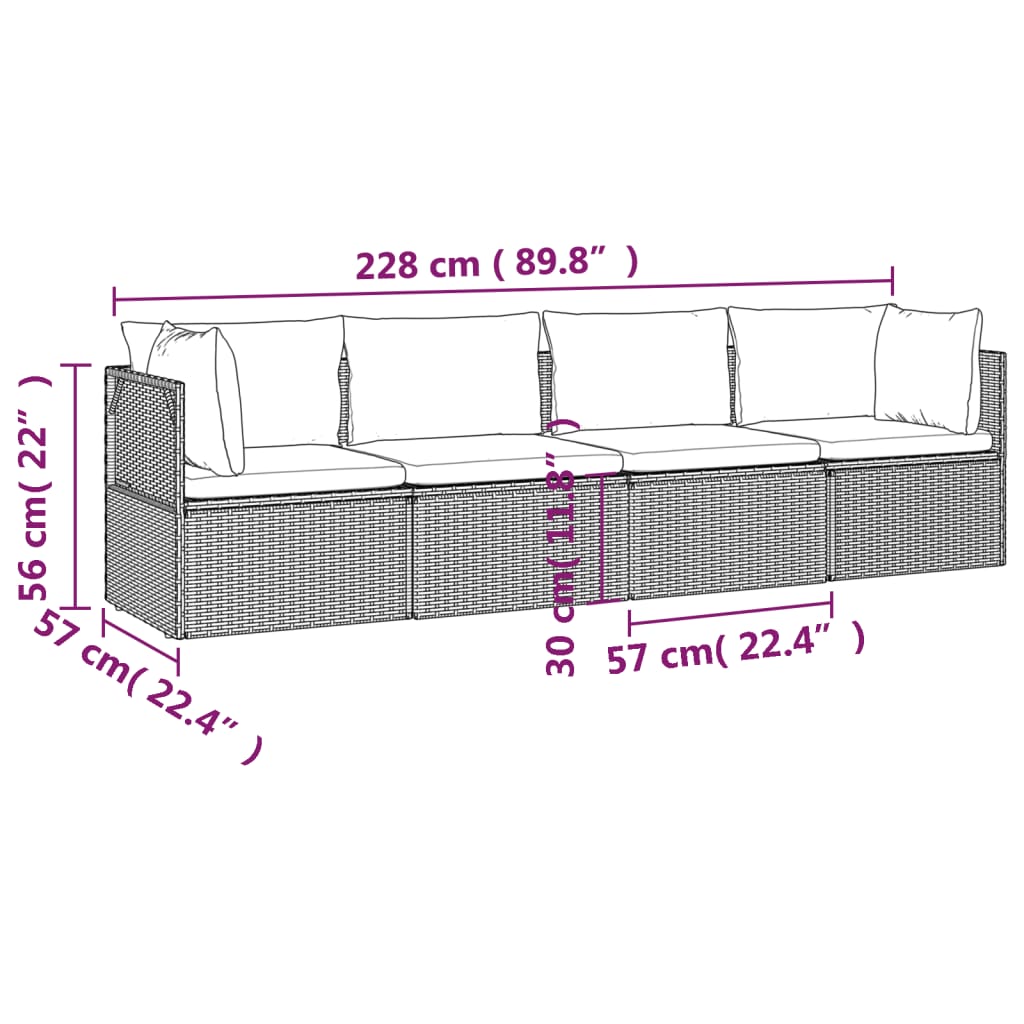 4-tlg. Garten-Lounge-Set mit Kissen Grau Poly Rattan