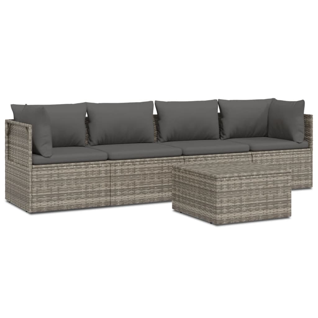 5-tlg. Garten-Lounge-Set mit Kissen Grau Poly Rattan