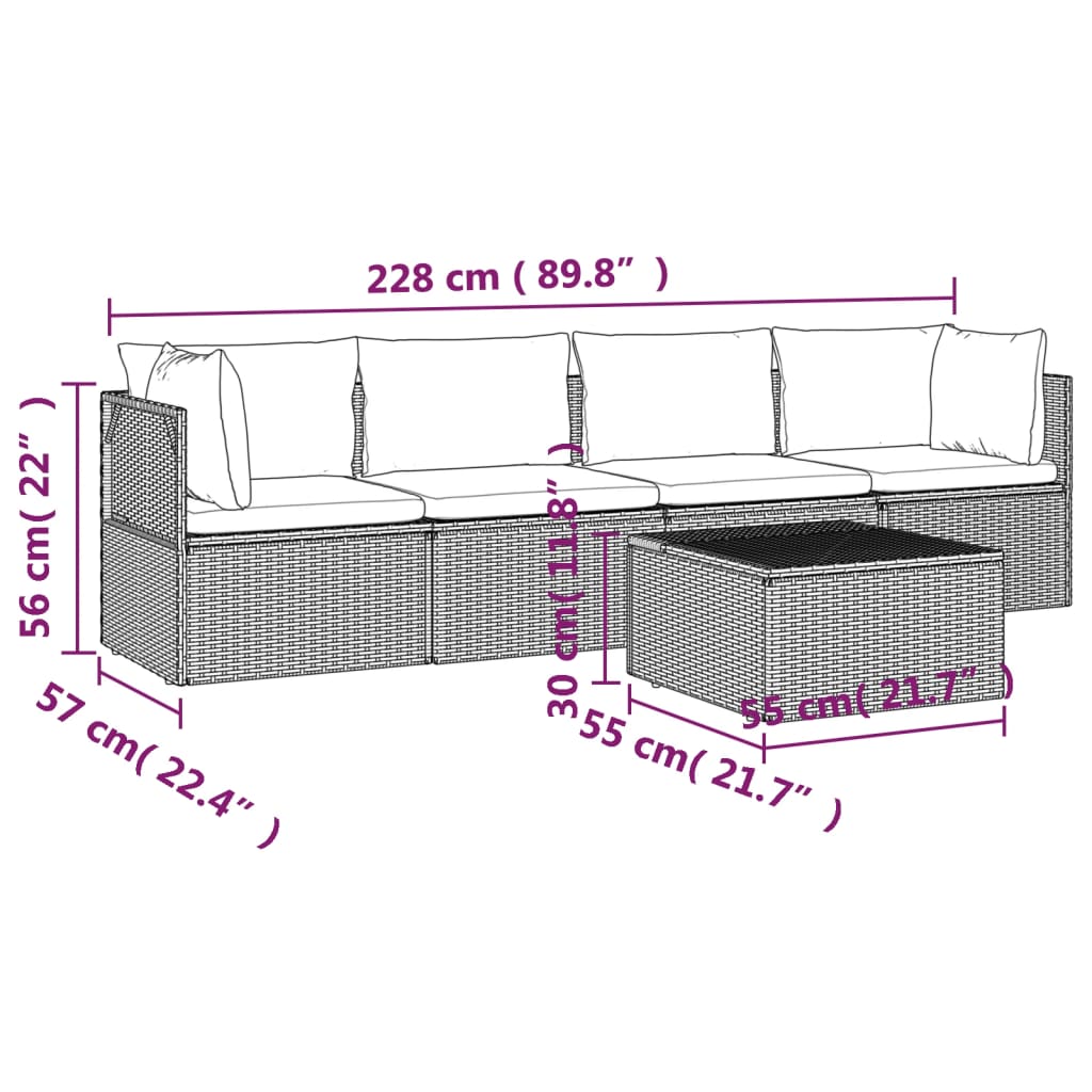 5-tlg. Garten-Lounge-Set mit Kissen Grau Poly Rattan