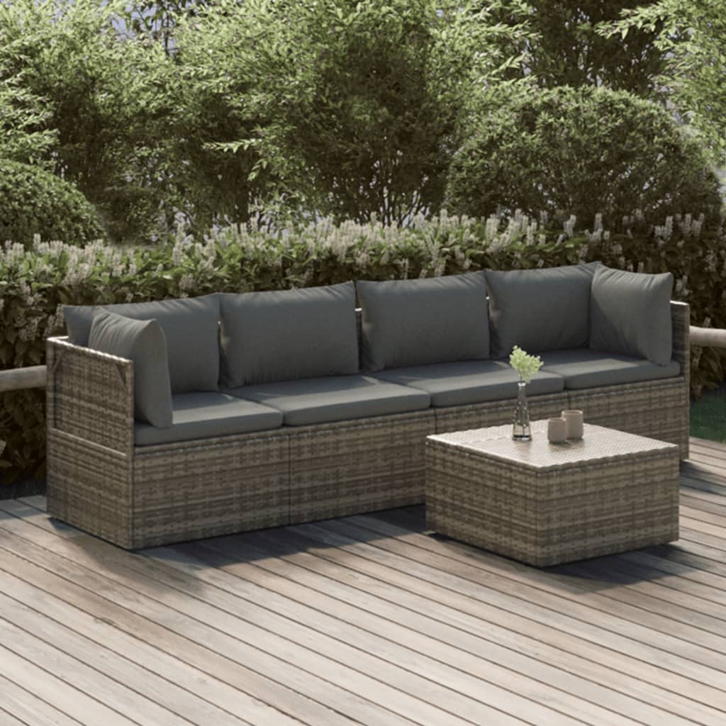 5-tlg. Garten-Lounge-Set mit Kissen Grau Poly Rattan