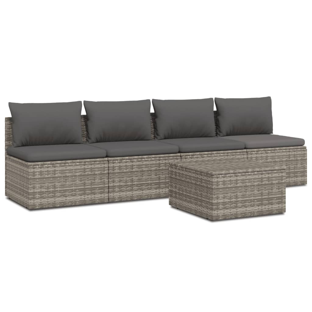 5-tlg. Garten-Lounge-Set mit Kissen Grau Poly Rattan
