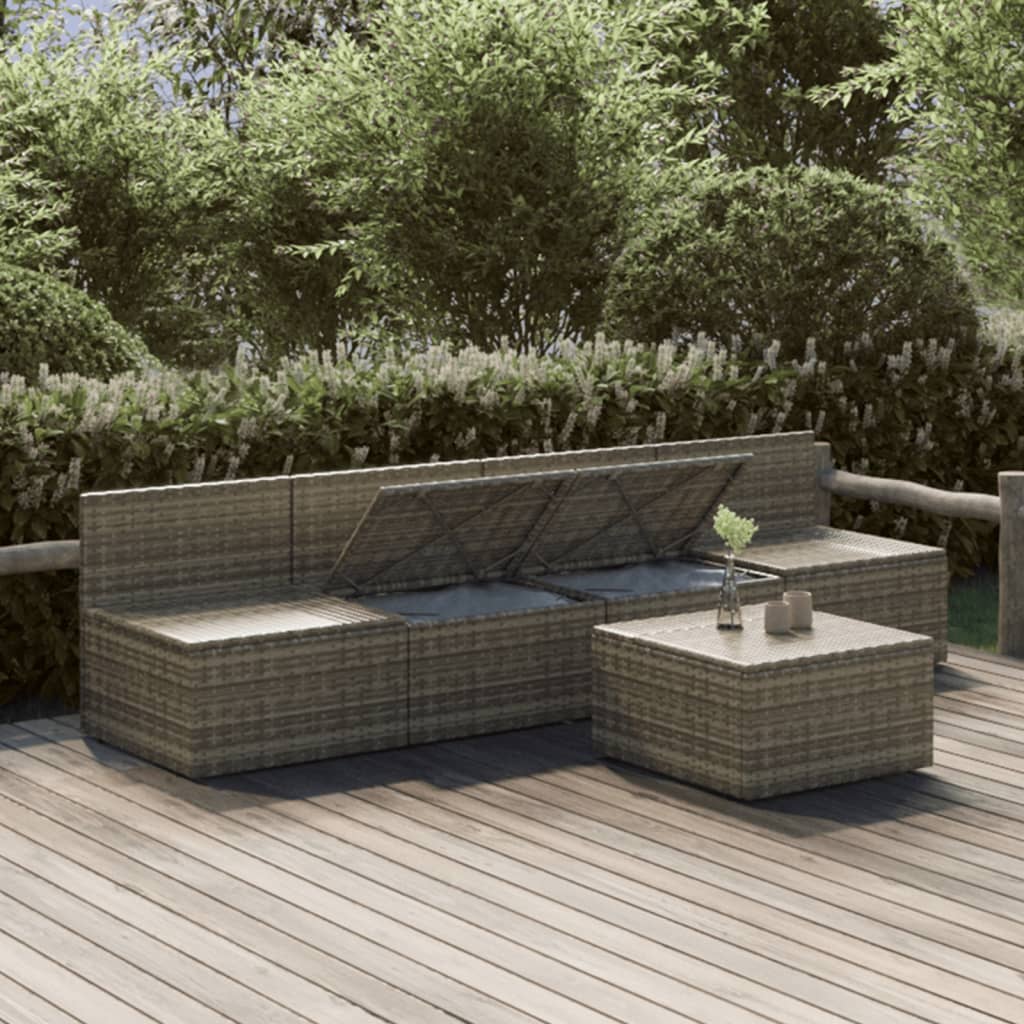 5-tlg. Garten-Lounge-Set mit Kissen Grau Poly Rattan