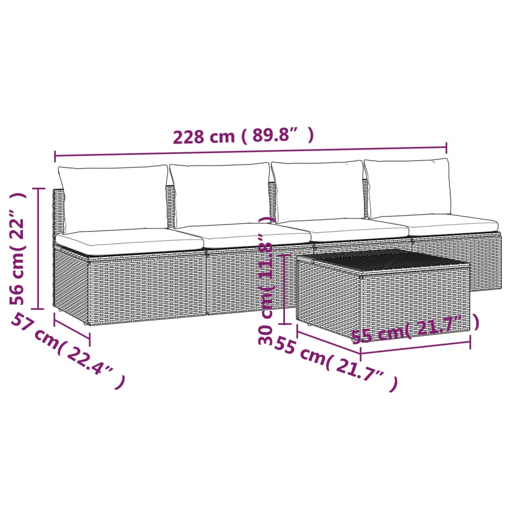5-tlg. Garten-Lounge-Set mit Kissen Grau Poly Rattan