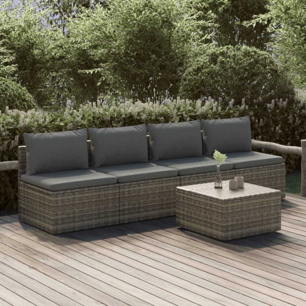5-tlg. Garten-Lounge-Set mit Kissen Grau Poly Rattan
