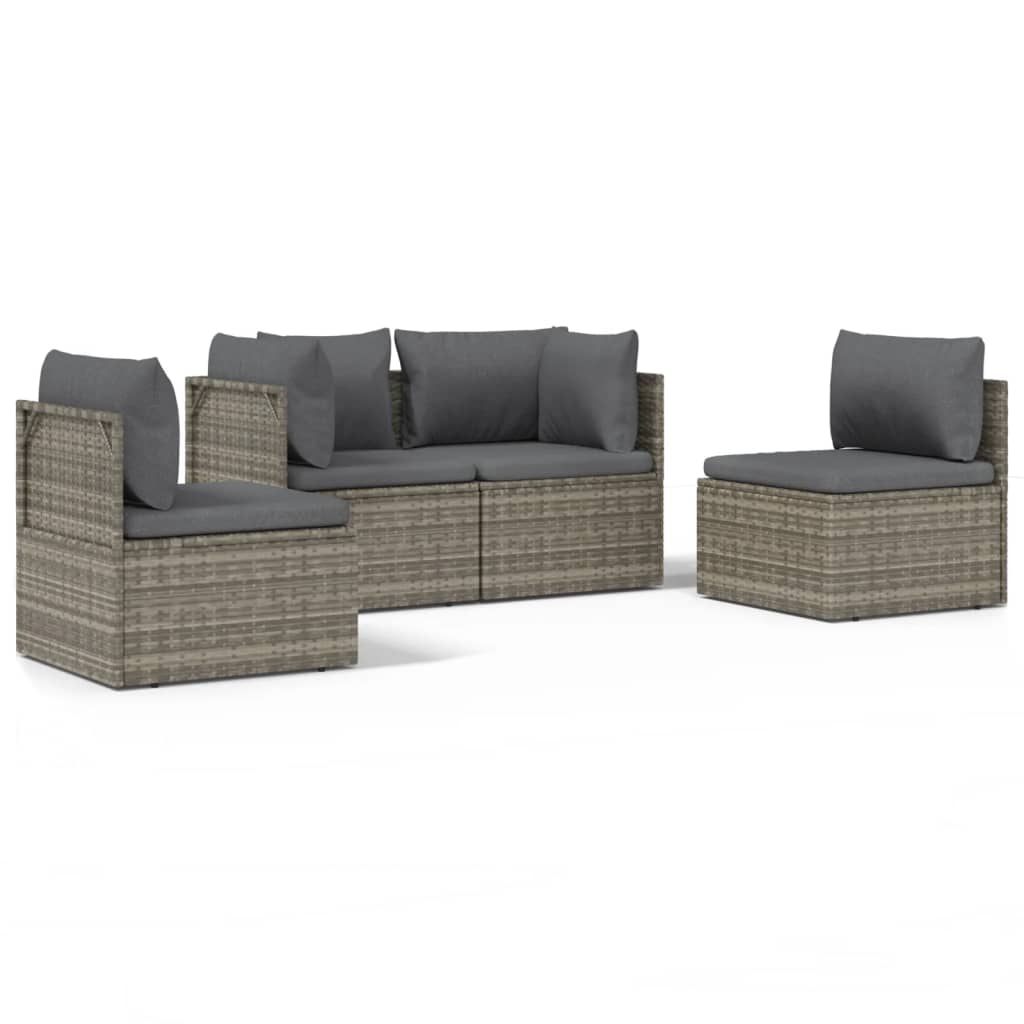 4-tlg. Garten-Lounge-Set mit Kissen Grau Poly Rattan