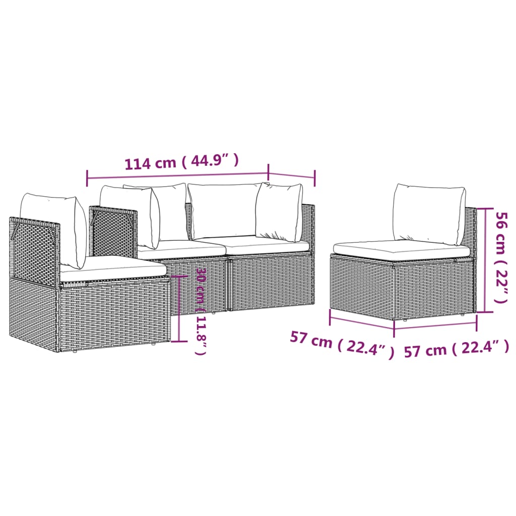4-tlg. Garten-Lounge-Set mit Kissen Grau Poly Rattan