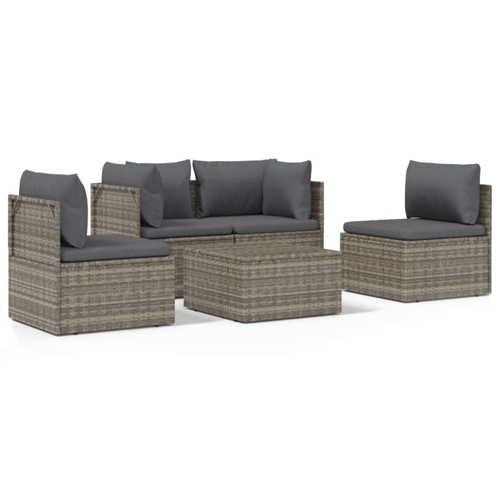 5-tlg. Garten-Lounge-Set mit Kissen Grau Poly Rattan