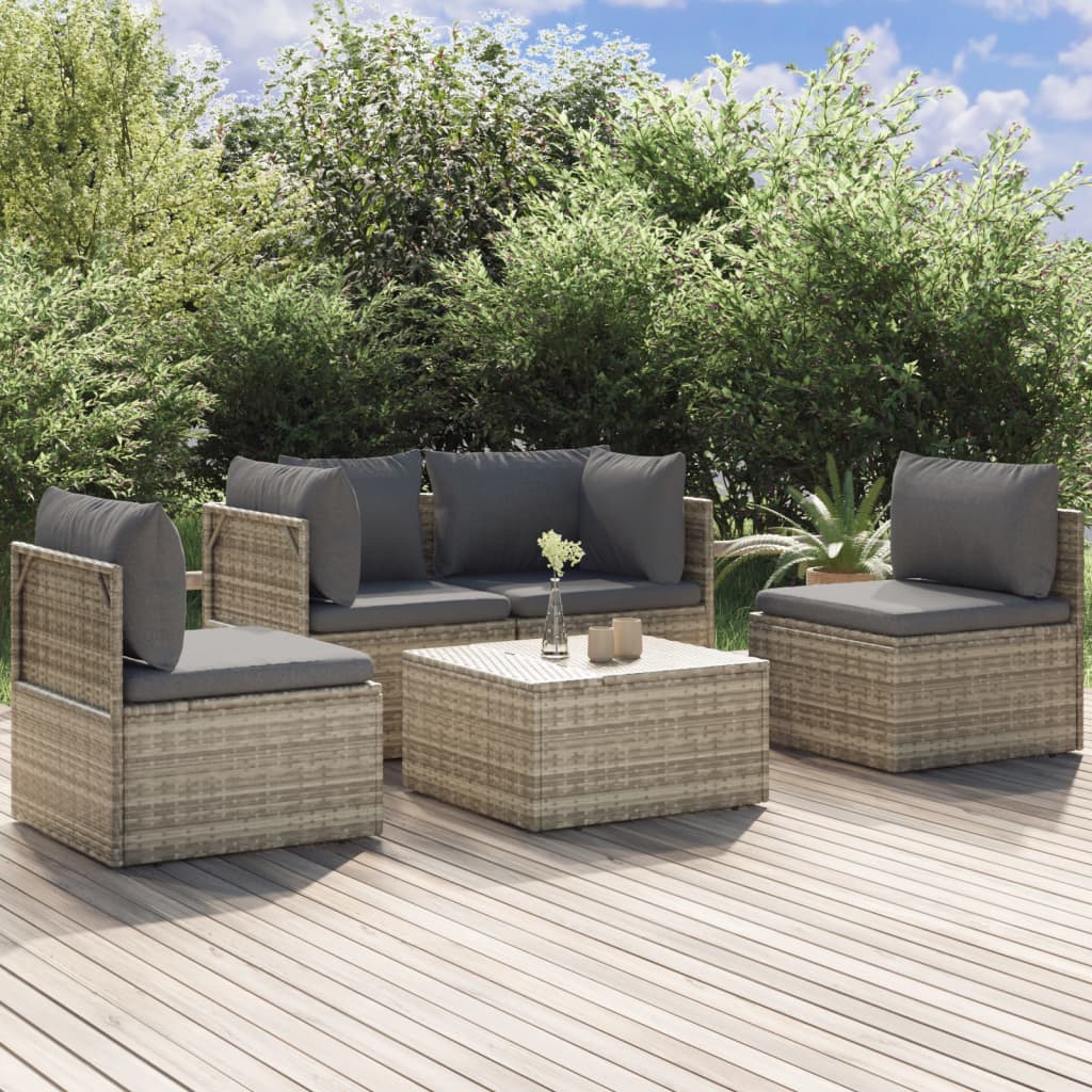 5-tlg. Garten-Lounge-Set mit Kissen Grau Poly Rattan