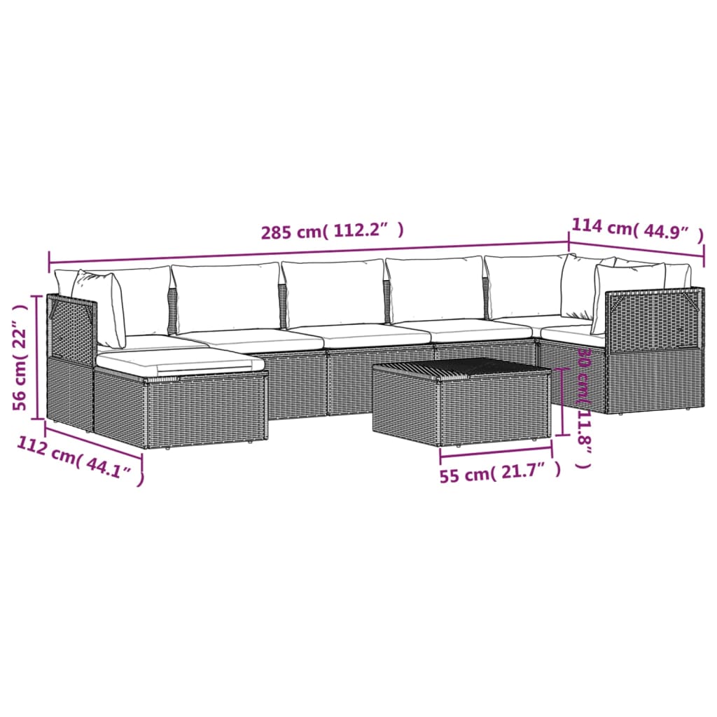 8-tlg. Garten-Lounge-Set mit Kissen Grau Poly Rattan