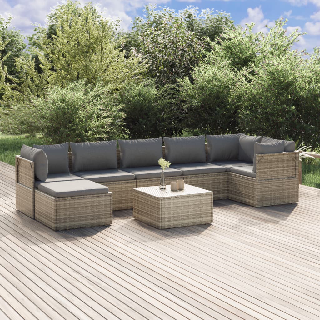 8-tlg. Garten-Lounge-Set mit Kissen Grau Poly Rattan