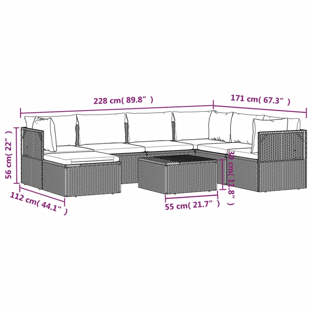8-tlg. Garten-Lounge-Set mit Kissen Grau Poly Rattan