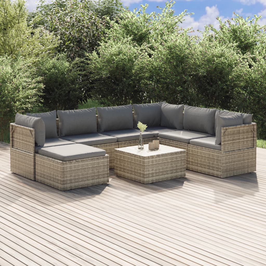 8-tlg. Garten-Lounge-Set mit Kissen Grau Poly Rattan