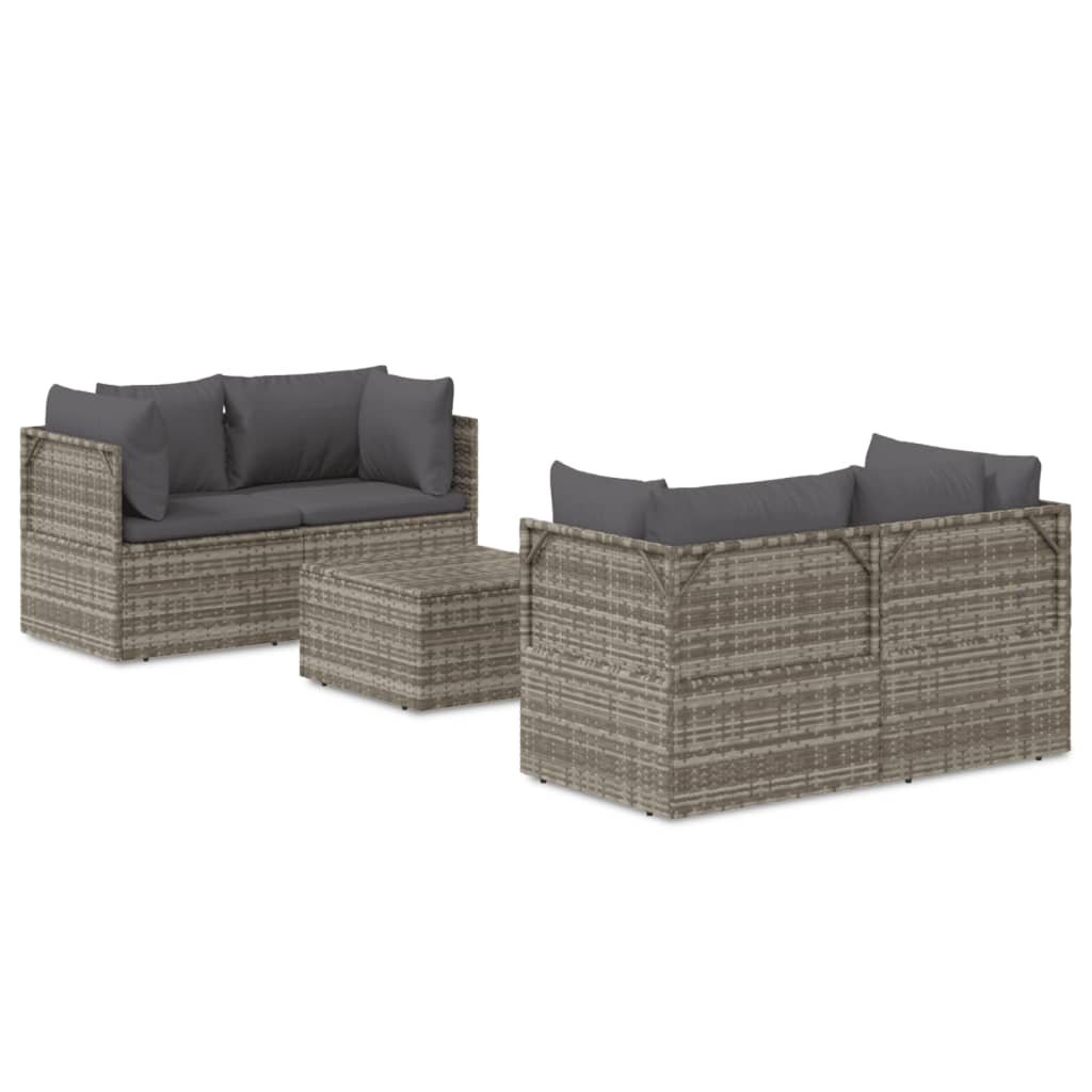 5-tlg. Garten-Lounge-Set mit Kissen Grau Poly Rattan