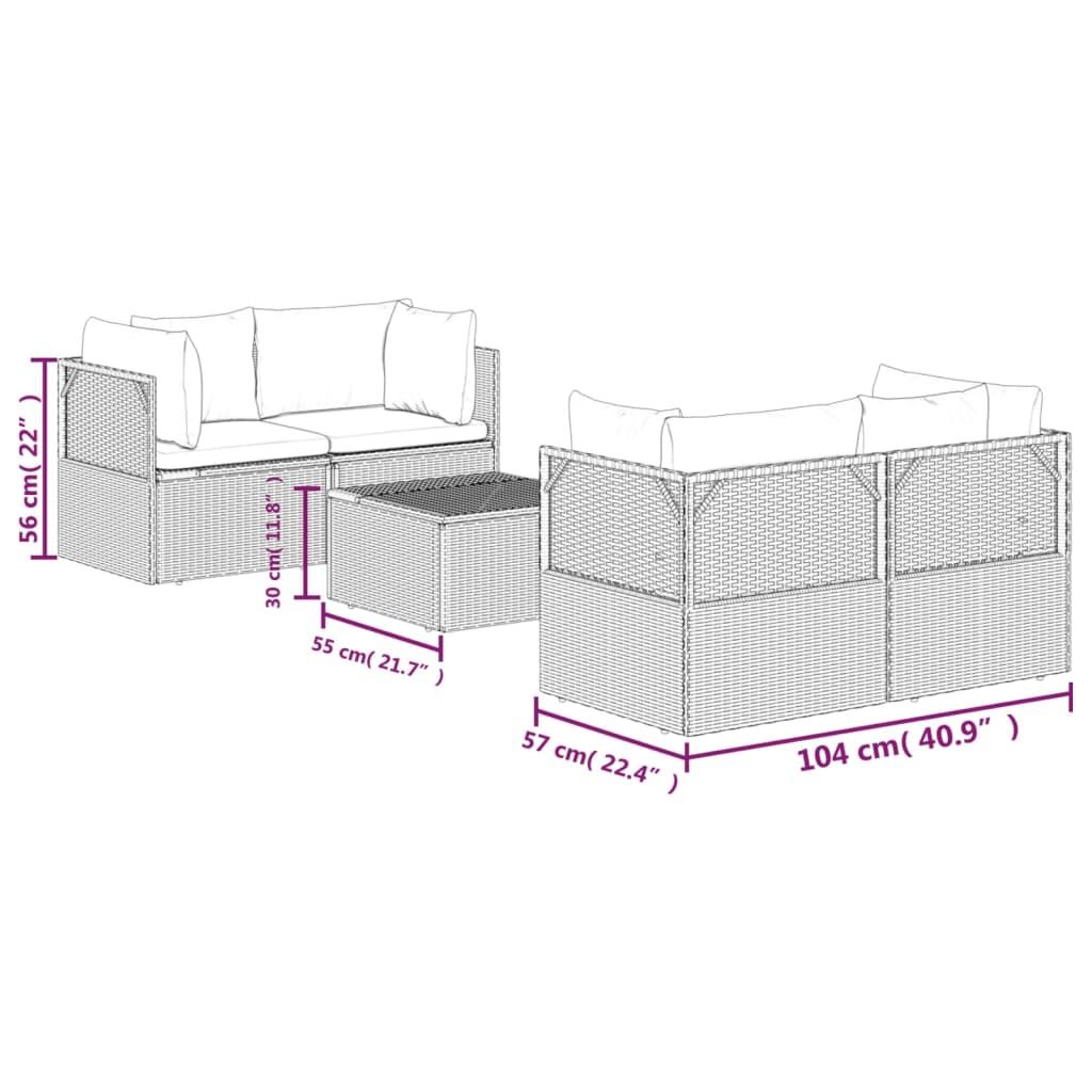 5-tlg. Garten-Lounge-Set mit Kissen Grau Poly Rattan