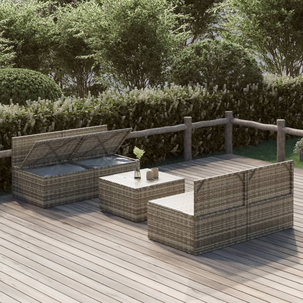 5-tlg. Garten-Lounge-Set mit Kissen Grau Poly Rattan