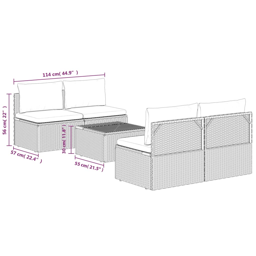 5-tlg. Garten-Lounge-Set mit Kissen Grau Poly Rattan