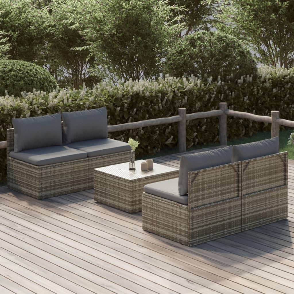 5-tlg. Garten-Lounge-Set mit Kissen Grau Poly Rattan