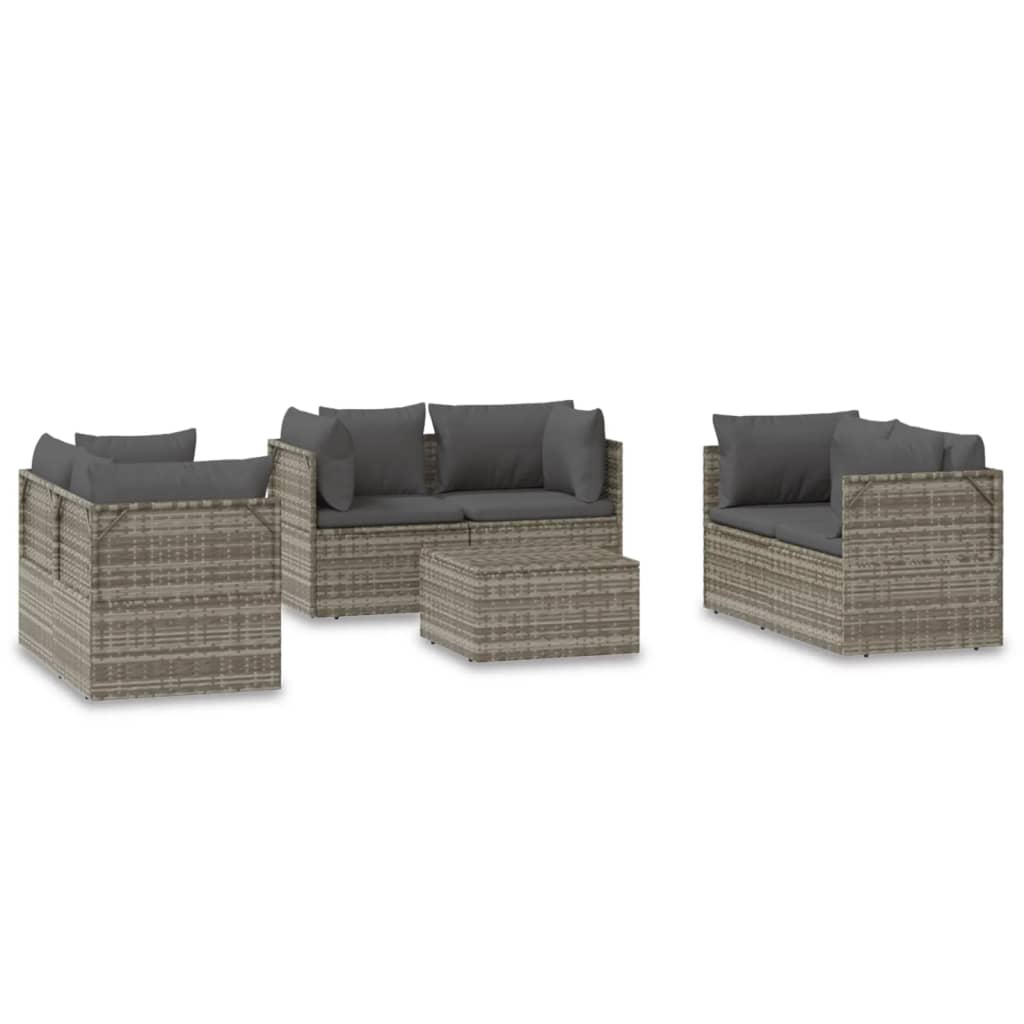 7-tlg. Garten-Lounge-Set mit Kissen Grau Poly Rattan