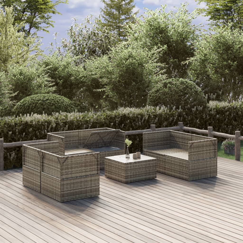 7-tlg. Garten-Lounge-Set mit Kissen Grau Poly Rattan