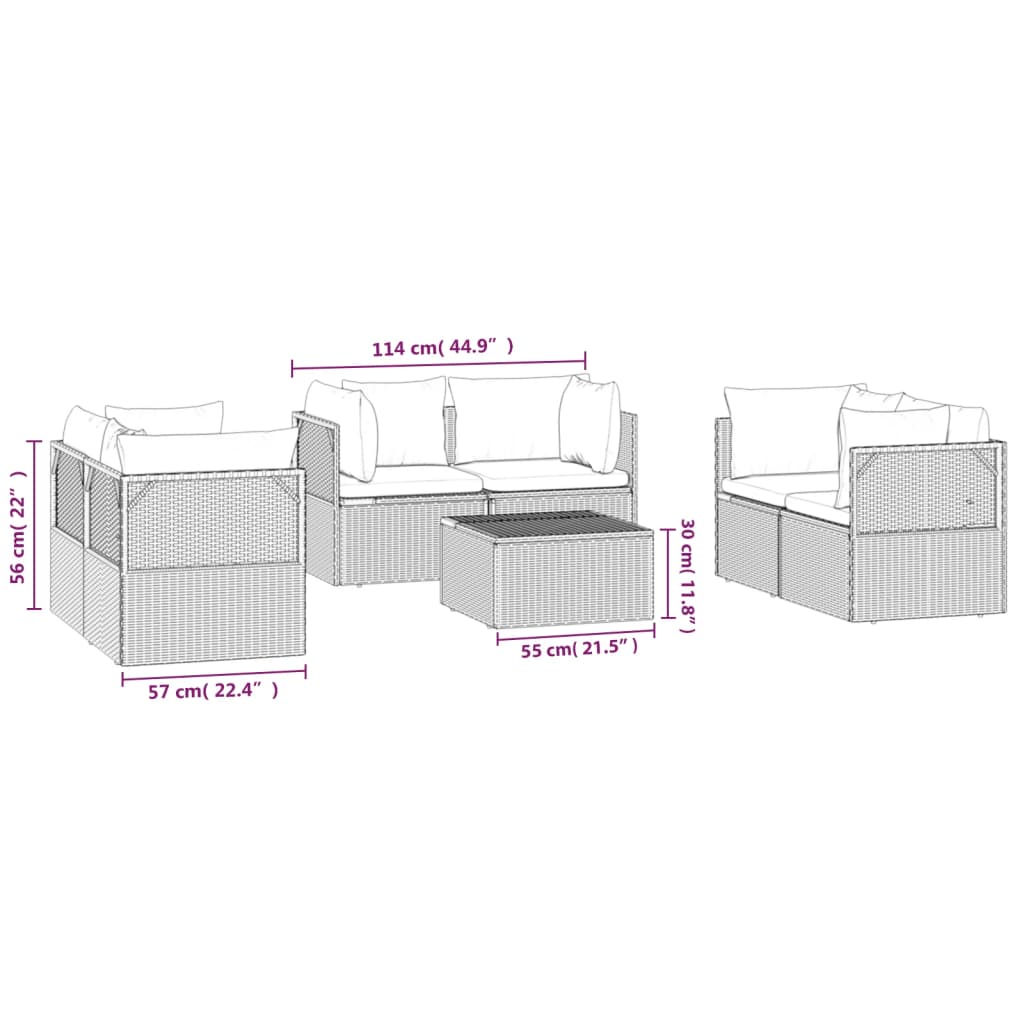 7-tlg. Garten-Lounge-Set mit Kissen Grau Poly Rattan