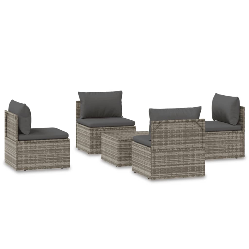 5-tlg. Garten-Lounge-Set mit Kissen Grau Poly Rattan