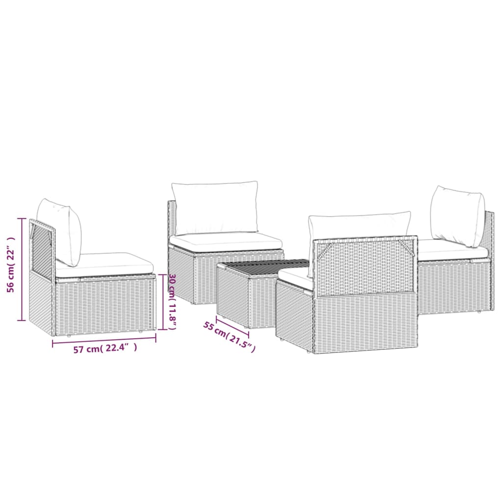 5-tlg. Garten-Lounge-Set mit Kissen Grau Poly Rattan