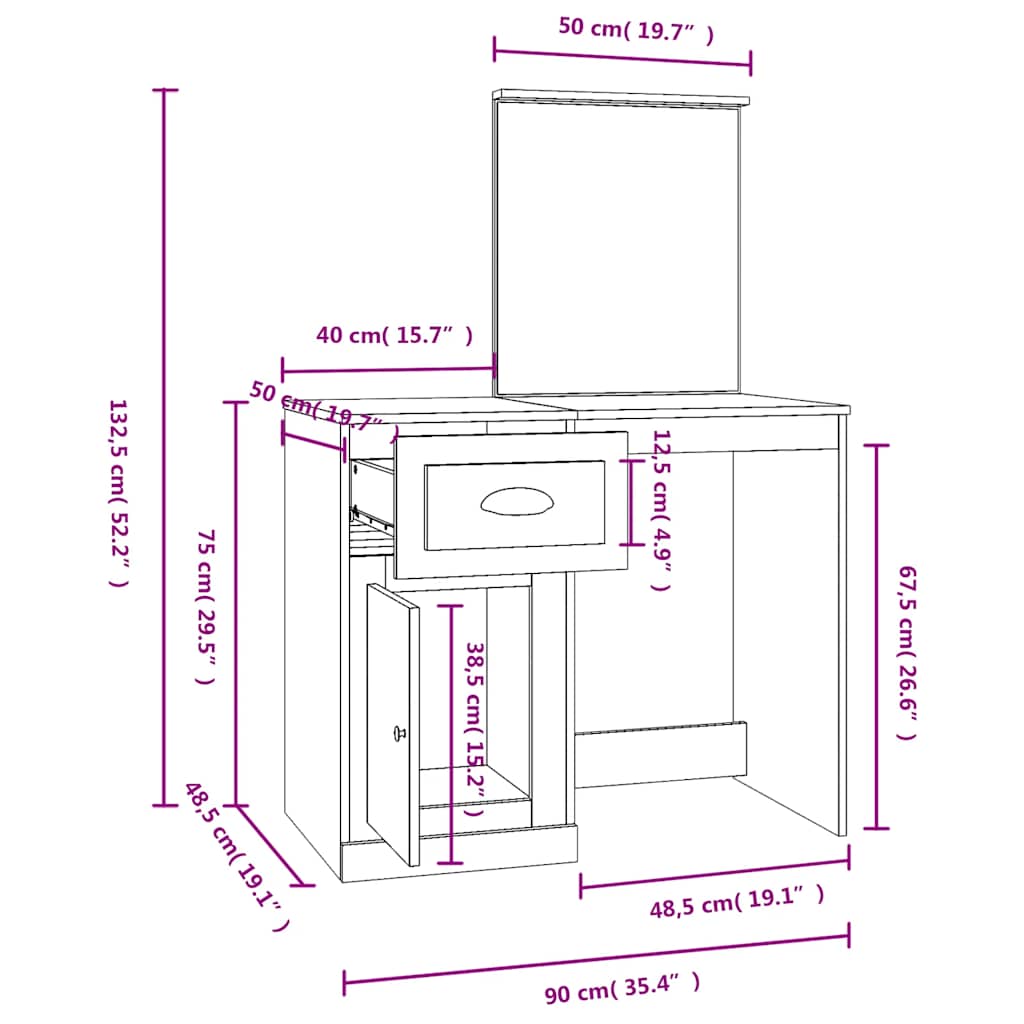 Schminktisch mit Spiegel Sonoma-Eiche 90x50x132,5 cm