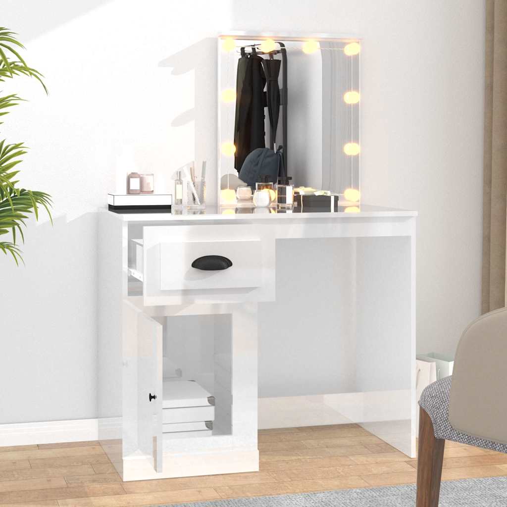 Schminktisch mit LED Hochglanz-Weiß 90x50x132,5cm Holzwerkstoff