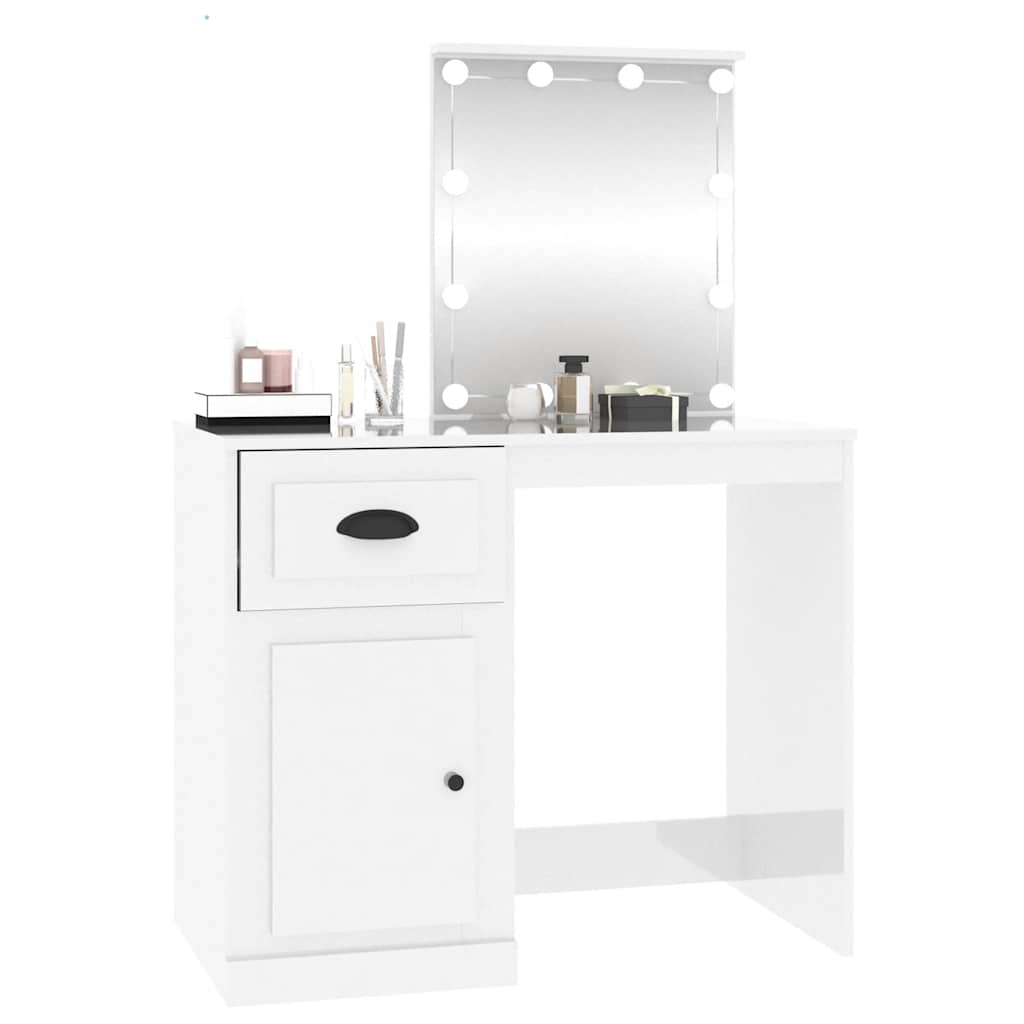 Schminktisch mit LED Hochglanz-Weiß 90x50x132,5cm Holzwerkstoff