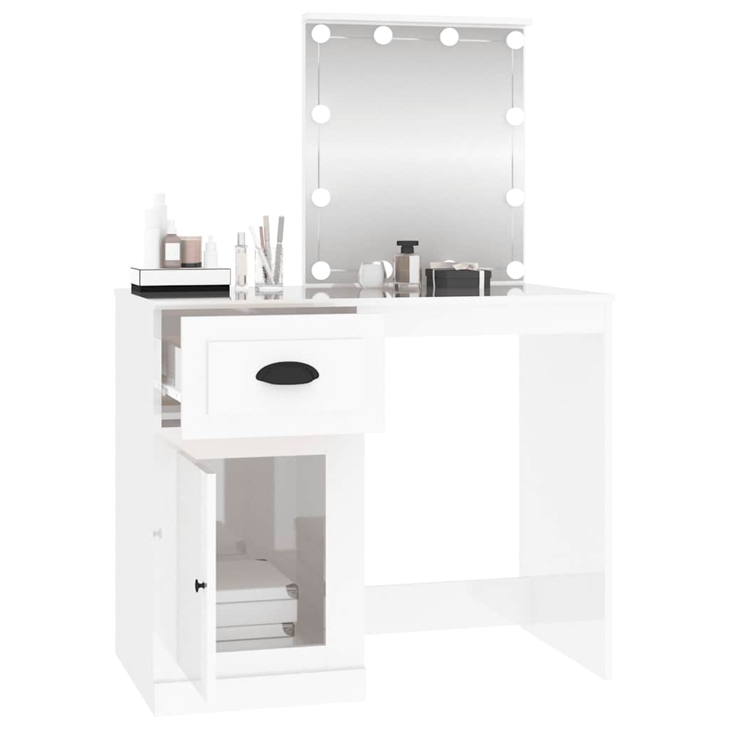 Schminktisch mit LED Hochglanz-Weiß 90x50x132,5cm Holzwerkstoff