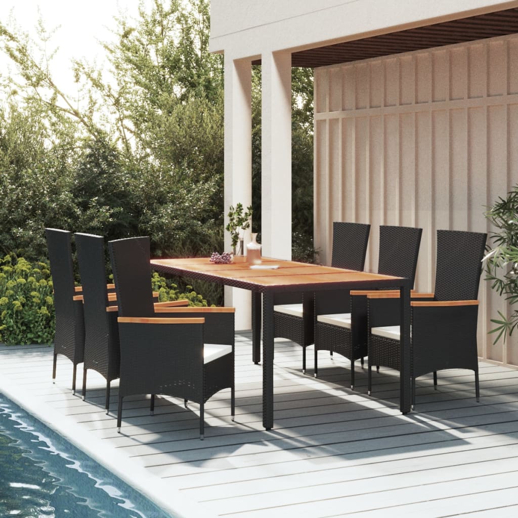 7-tlg. Garten-Essgruppe mit Kissen Schwarz Poly Rattan