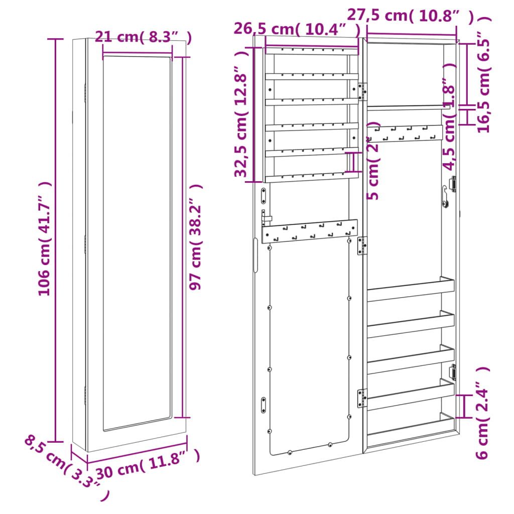 Schmuckschrank mit Spiegel Wandmontage 30x8,5x106 cm