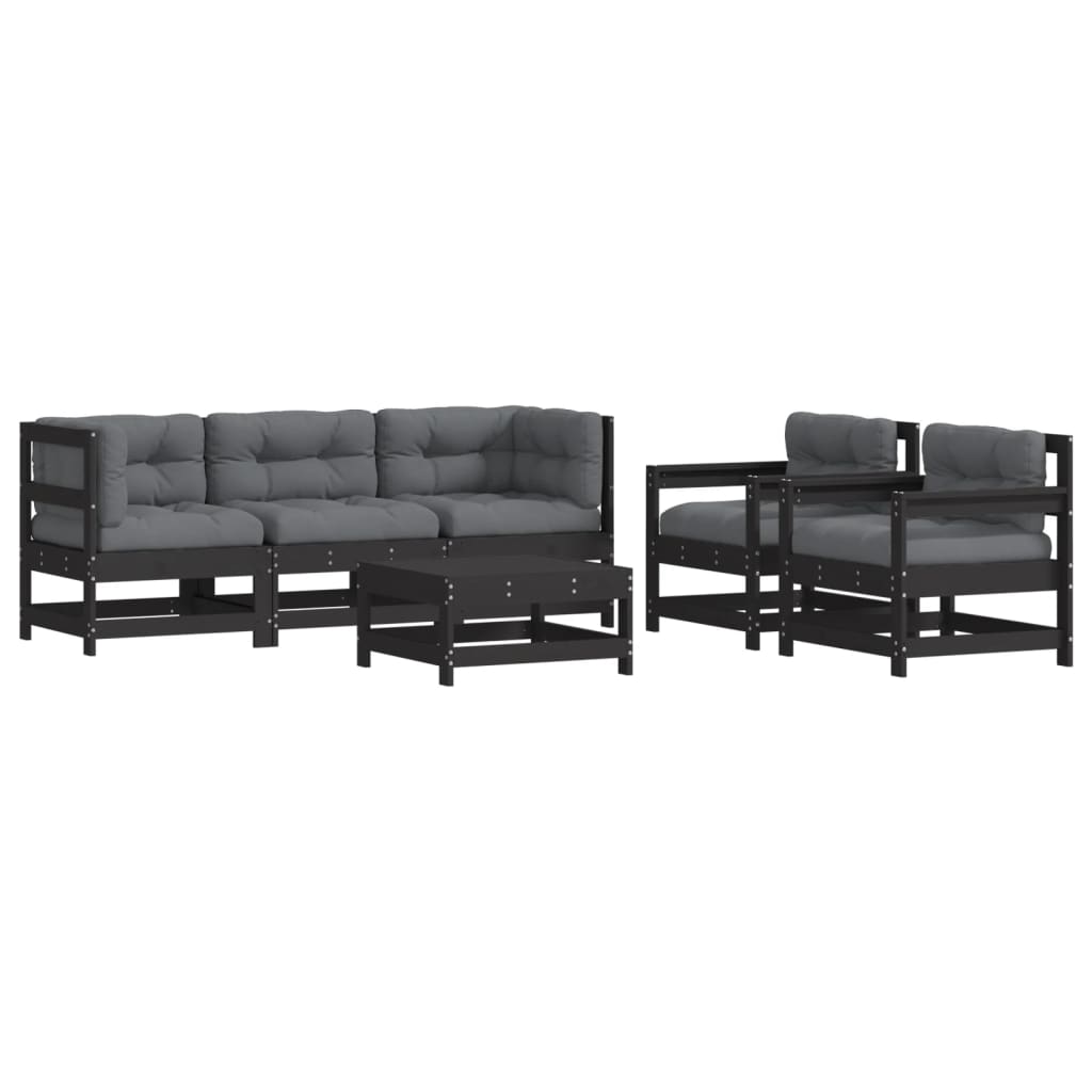 6-tlg. Garten-Lounge-Set mit Kissen Schwarz Massivholz