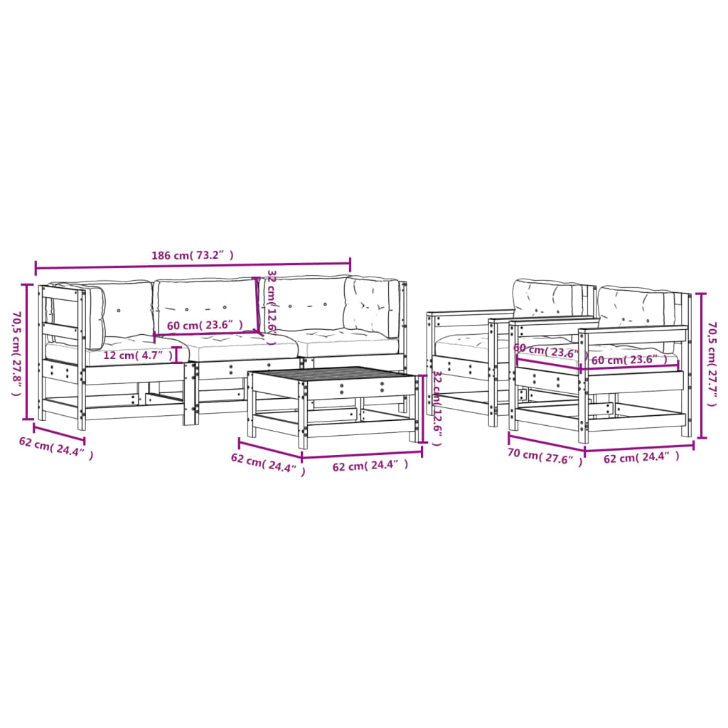 6-tlg. Garten-Lounge-Set mit Kissen Schwarz Massivholz