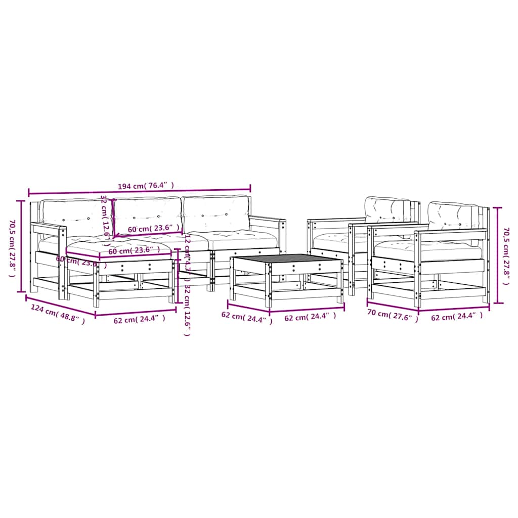 7-tlg. Garten-Lounge-Set mit Kissen Schwarz Massivholz